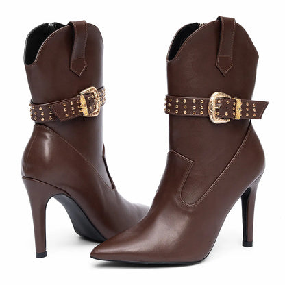 Pointed Toe Studded Western Stiletto Mid Calf Boots