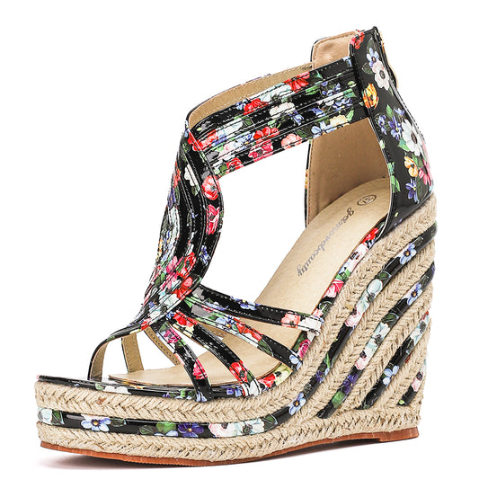 T-Strap Floral Espadrille Platform Wedges