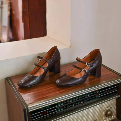 Vintage brown textured leather double-strap Mary Jane block heels