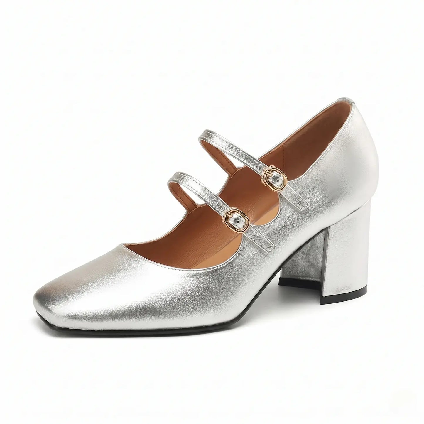 Metallic silver double-strap Mary Jane block heels with square toe