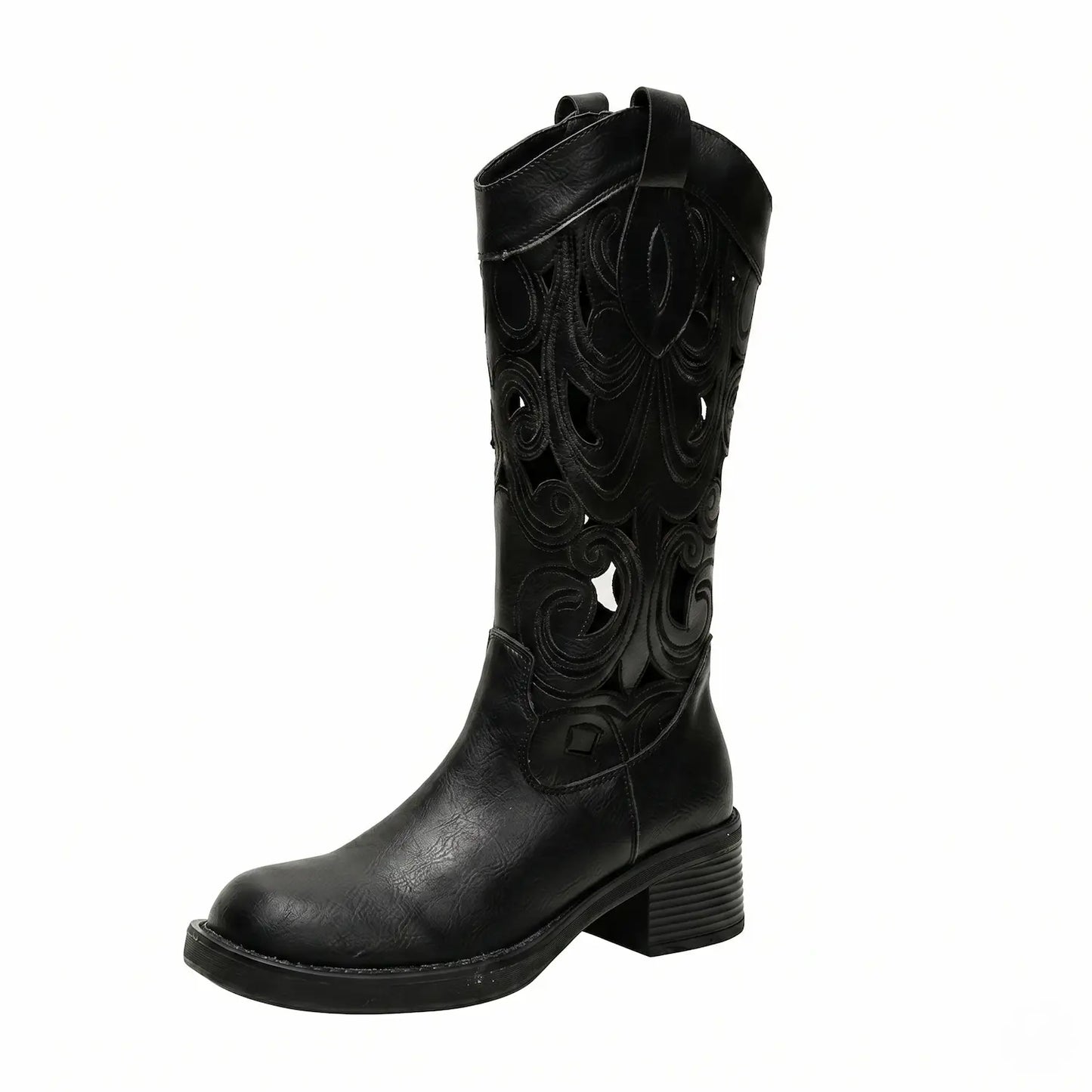 Vintage Bohemian Cut-Out Cowboy Boots Block Heel