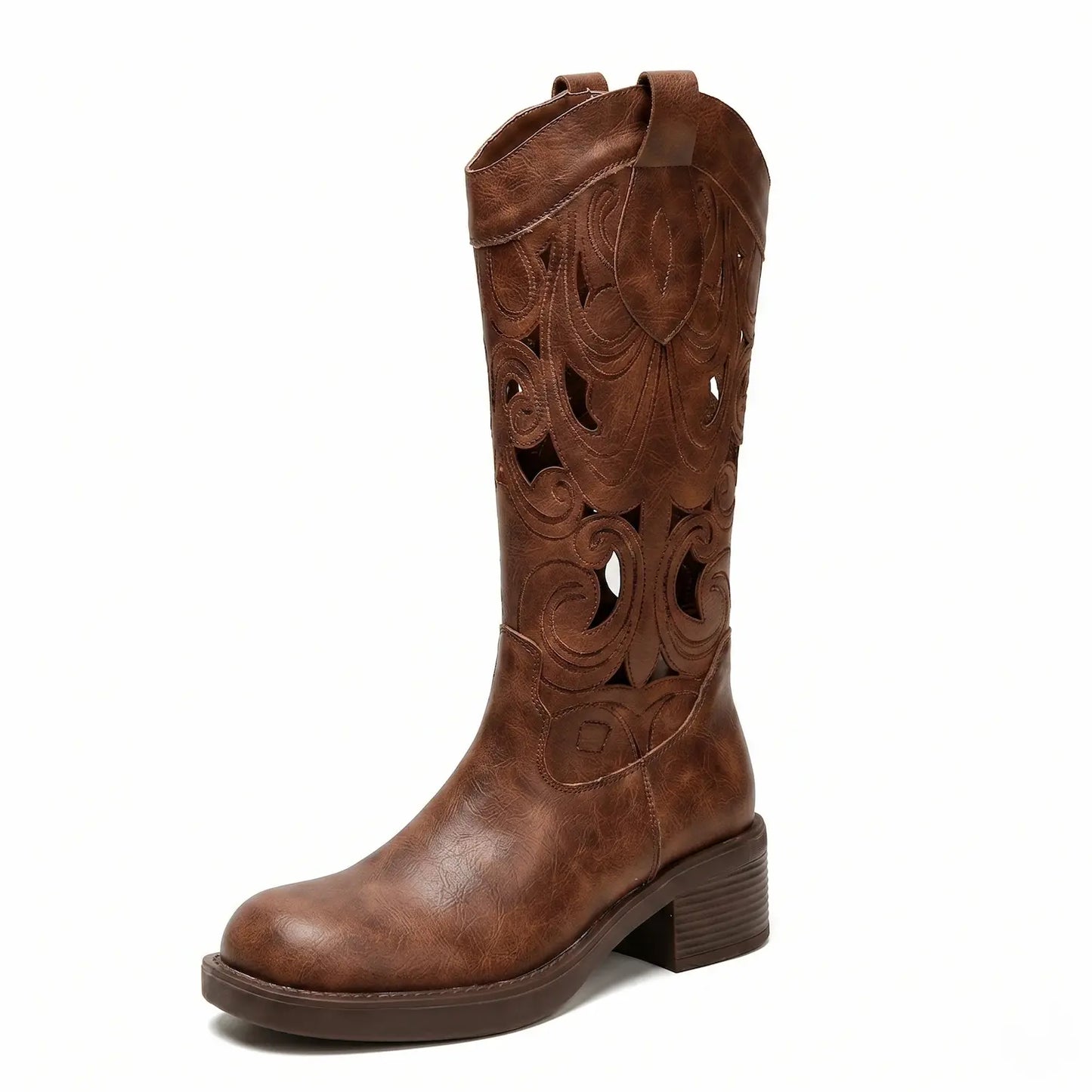 Vintage Bohemian Cut-Out Cowboy Boots Block Heel