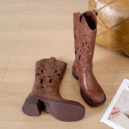 Vintage Bohemian Cut-Out Cowboy Boots Block Heel