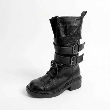 Vintage Wraparound Buckle Mid-Calf Combat Boots