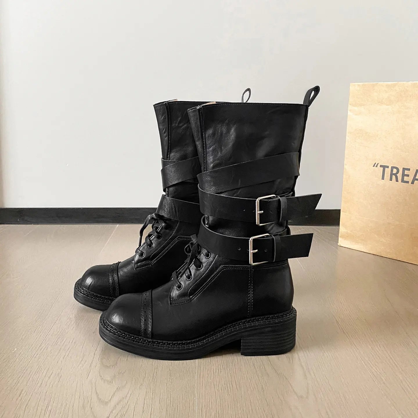 Vintage Wraparound Buckle Mid-Calf Combat Boots