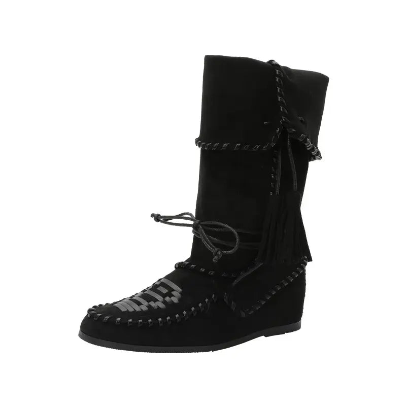 Bohemian Fold-Over Tassel Moccasin Wedge Boots