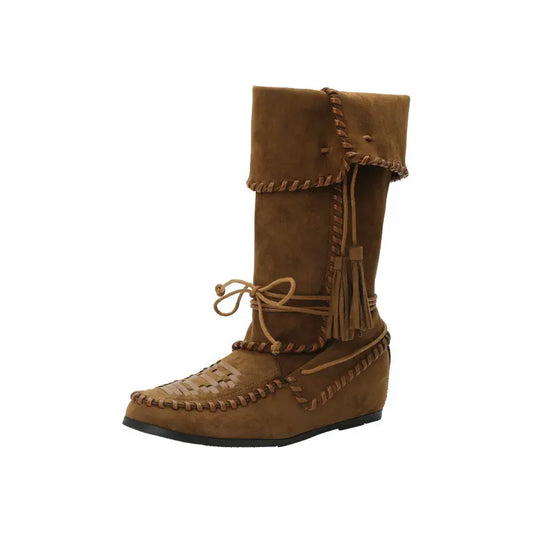 Bohemian Fold-Over Tassel Moccasin Wedge Boots