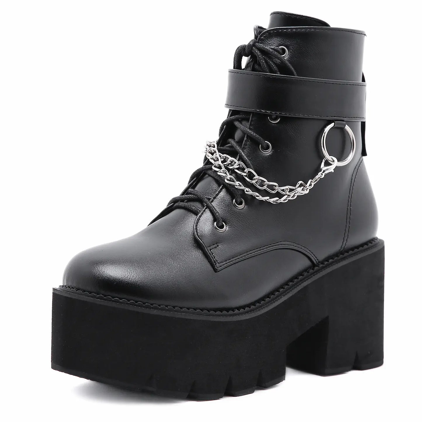 Black Chunky Heel Platform Ankle Boots with Chains