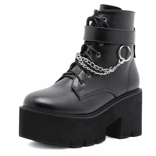 Black Chunky Heel Platform Ankle Boots with Chains