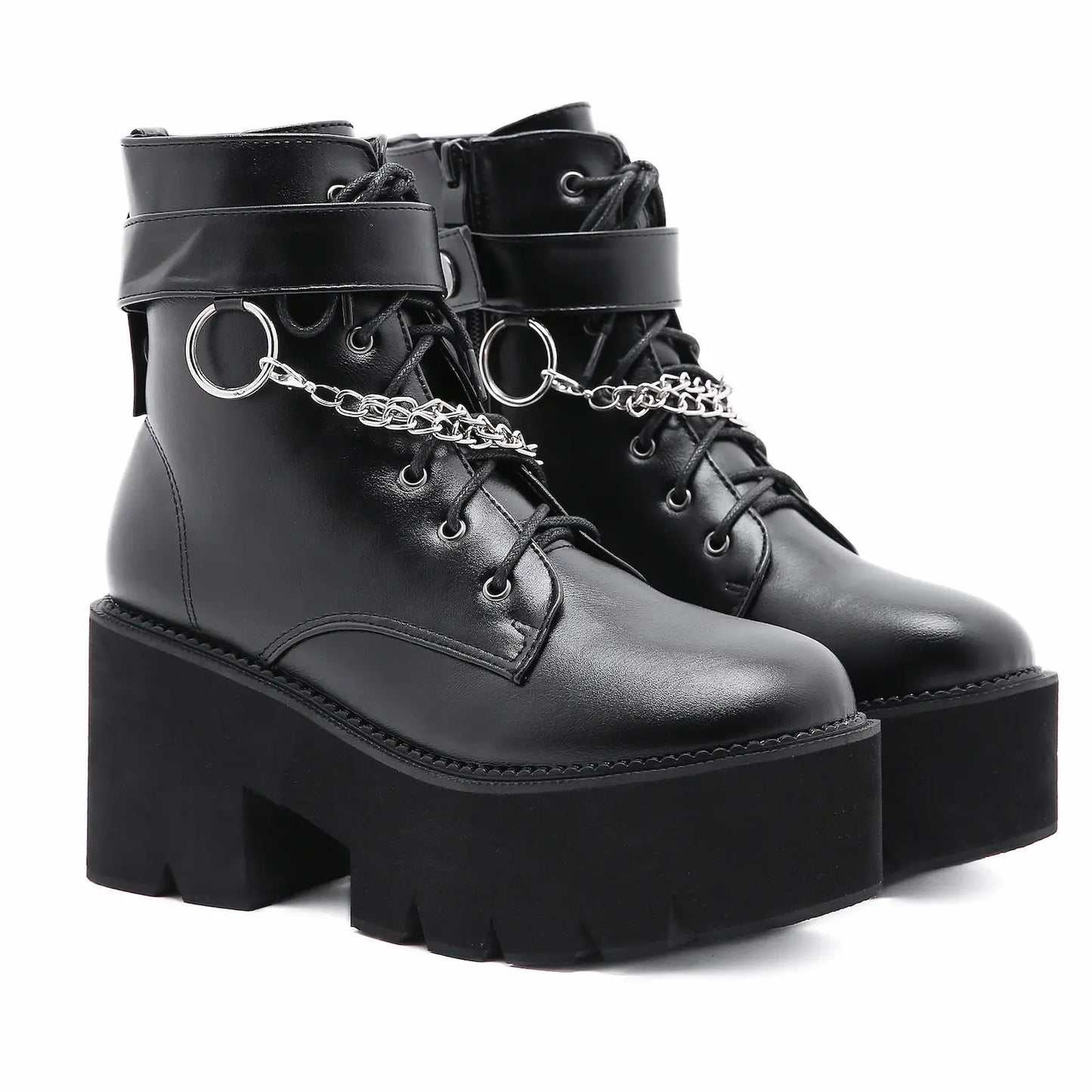 Black Chunky Heel Platform Ankle Boots with Chains