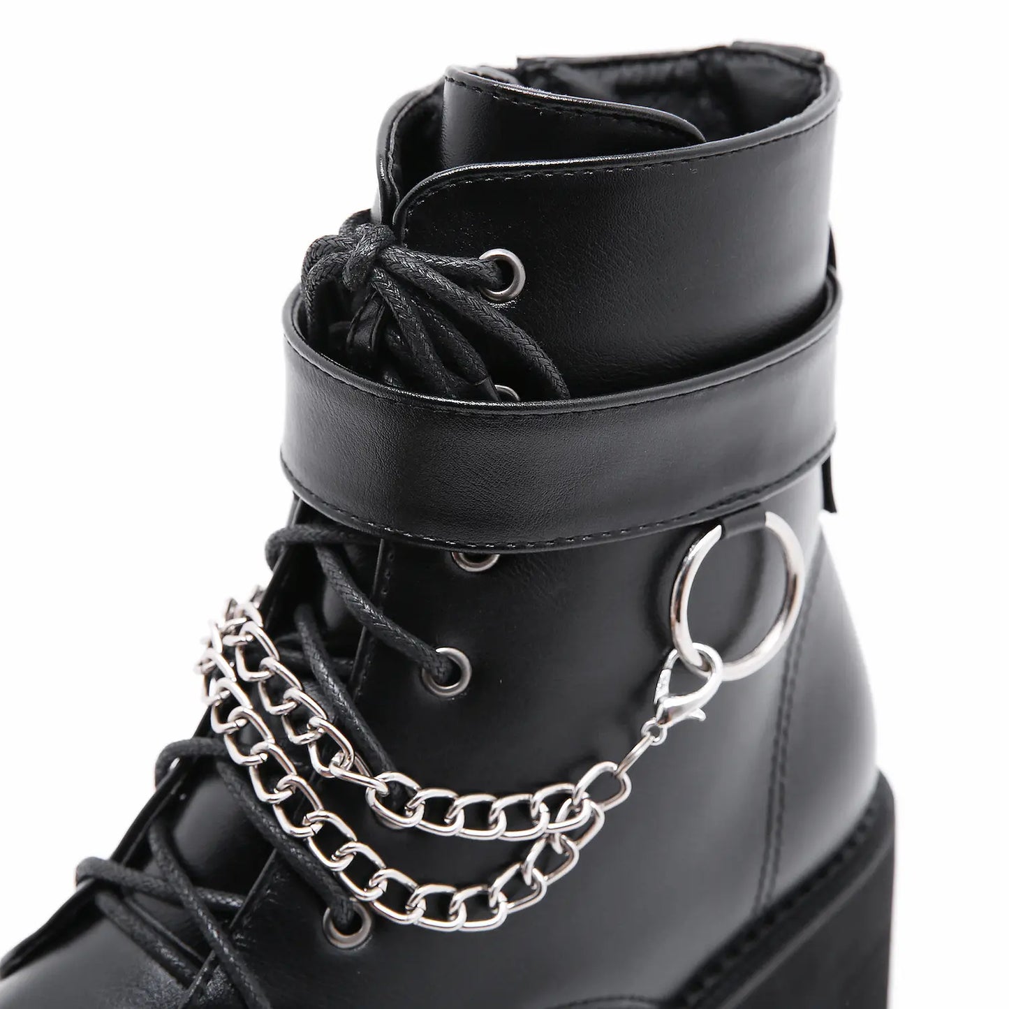 Black Chunky Heel Platform Ankle Boots with Chains