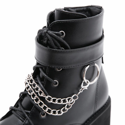Black Chunky Heel Platform Ankle Boots with Chains