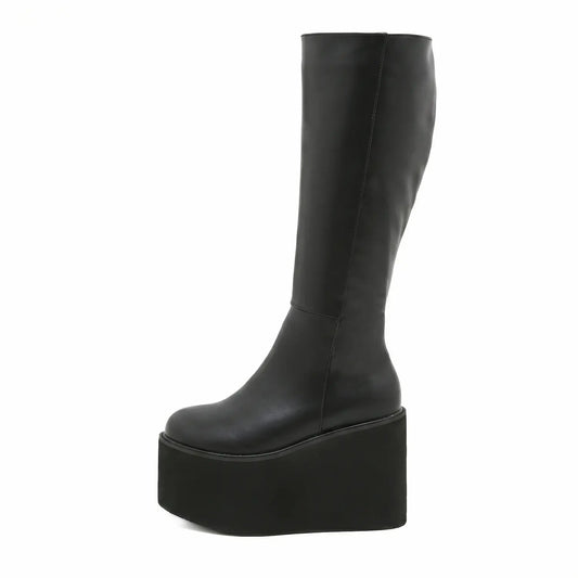 Retro Minimalist Chunky Platform Knee High Boots
