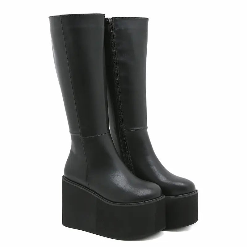 Retro Minimalist Chunky Platform Knee High Boots