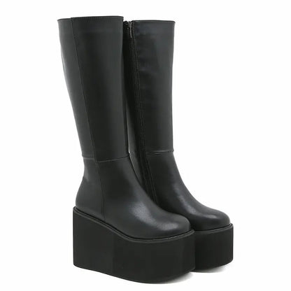 Retro Minimalist Chunky Platform Knee High Boots