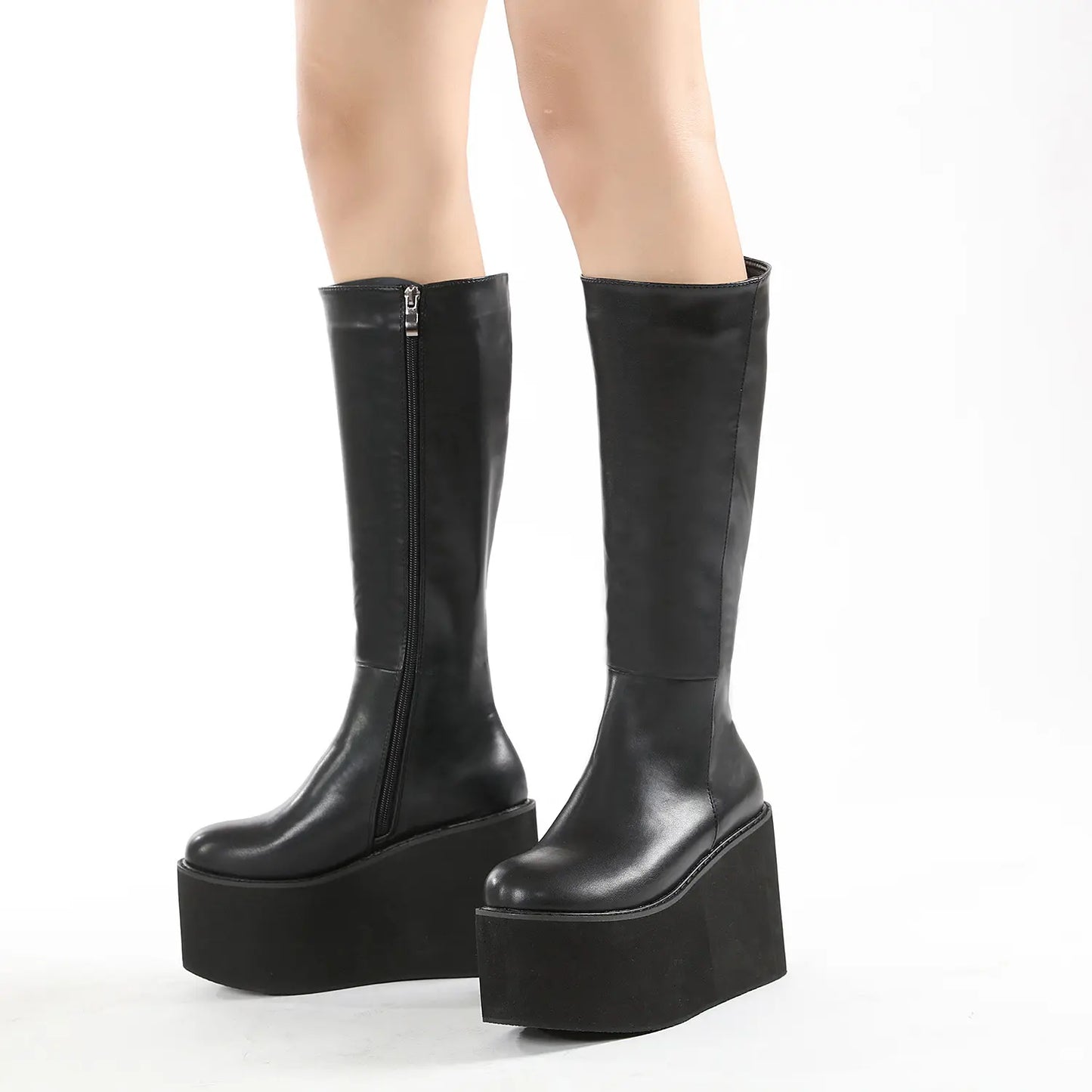 Retro Minimalist Chunky Platform Knee High Boots