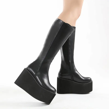 Retro Minimalist Chunky Platform Knee High Boots