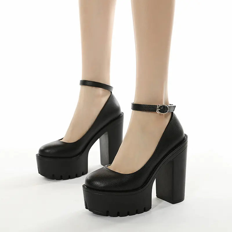 Chunky Block Heel Extreme Platform Ankle Strap Pumps