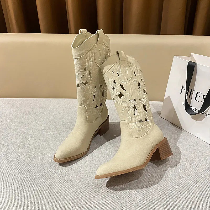 Vintage Boho Cut-Out Faux Suede Western Boots