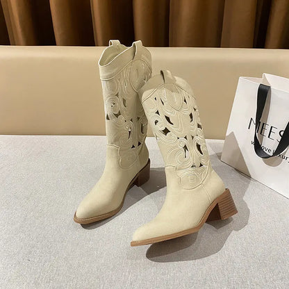 Vintage Boho Cut-Out Faux Suede Western Boots