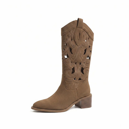 Vintage Boho Cut-Out Faux Suede Western Boots