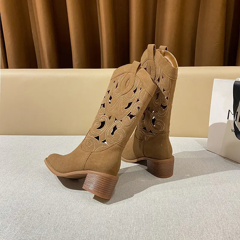 Vintage Boho Cut-Out Faux Suede Western Boots