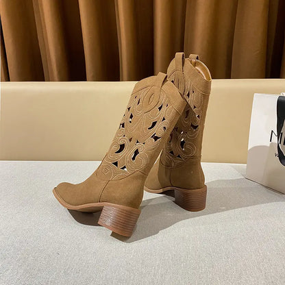 Vintage Boho Cut-Out Faux Suede Western Boots