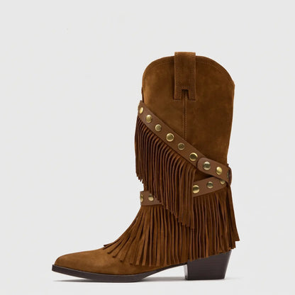 Vintage Boho Fringe Faux Suede Mid-Calf Western Boots