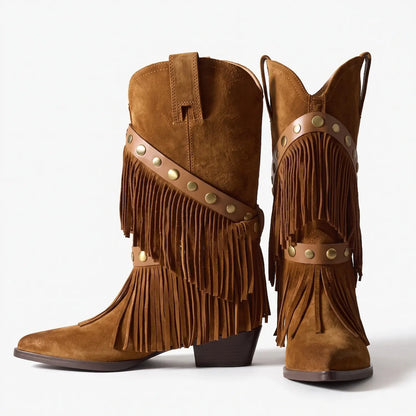 Vintage Boho Fringe Faux Suede Mid-Calf Western Boots