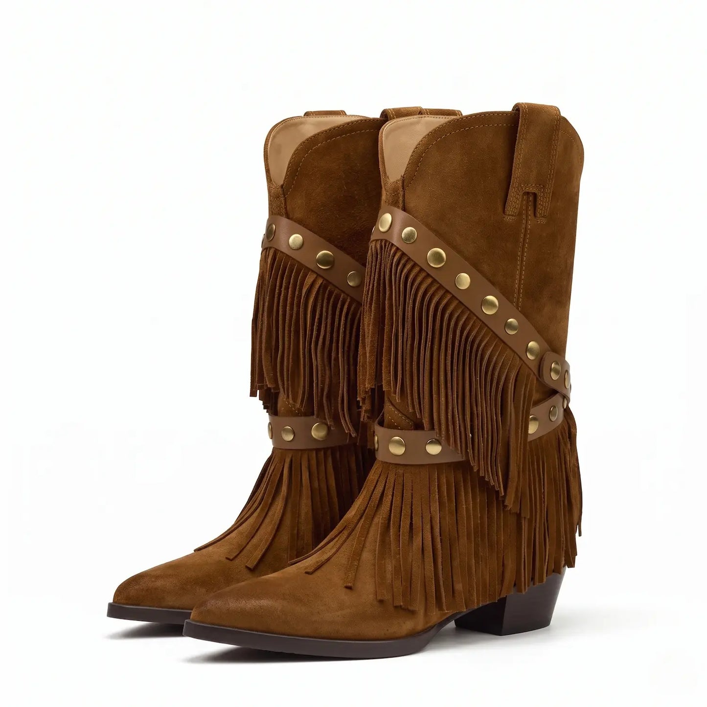 Vintage Boho Fringe Faux Suede Mid-Calf Western Boots