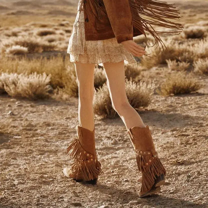Vintage Boho Fringe Faux Suede Mid-Calf Western Boots