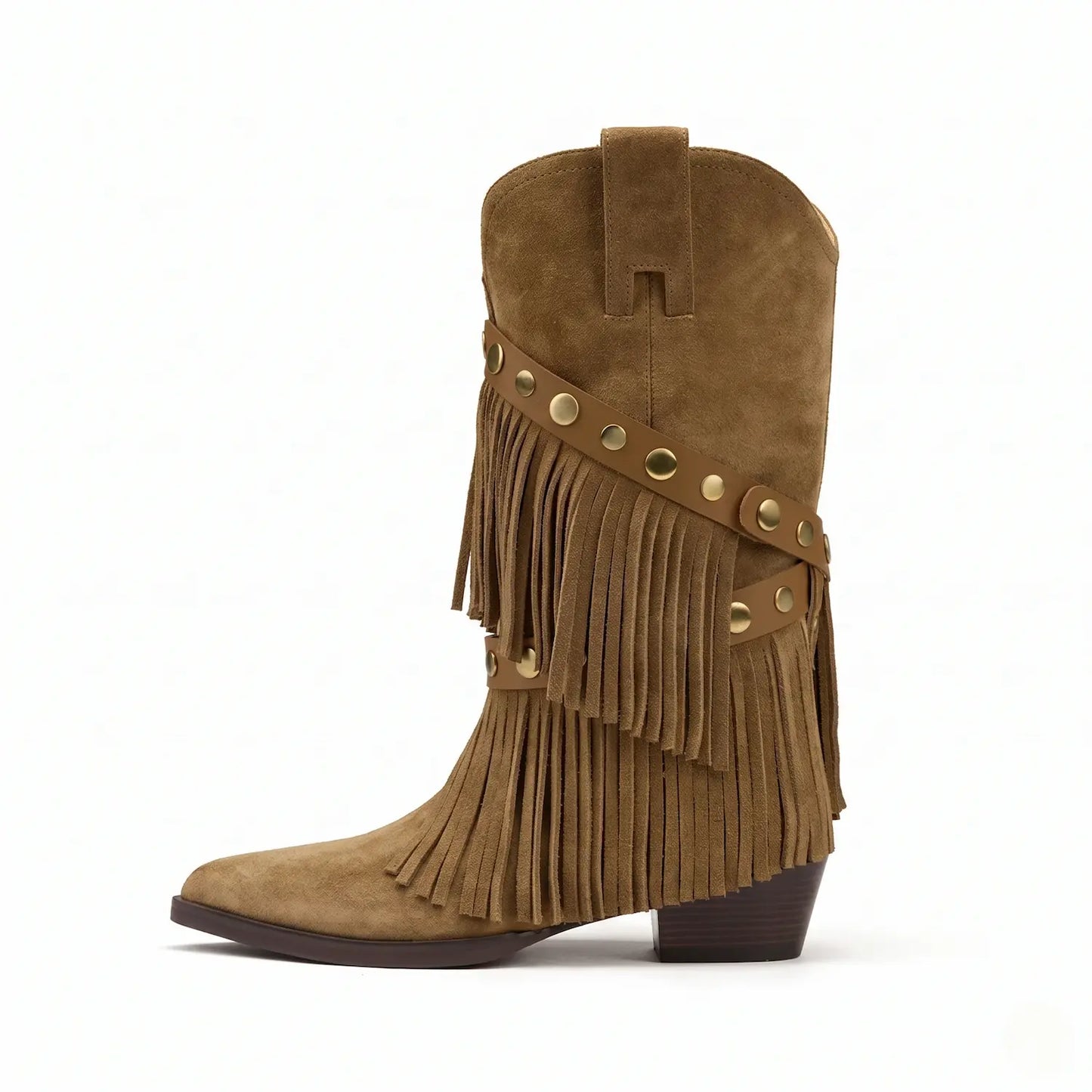 Vintage Boho Fringe Faux Suede Mid-Calf Western Boots