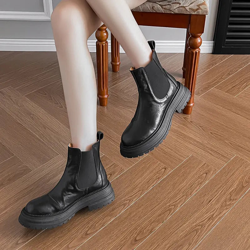 Vintage Genuine Leather Slip-On Chunky Chelsea Boots