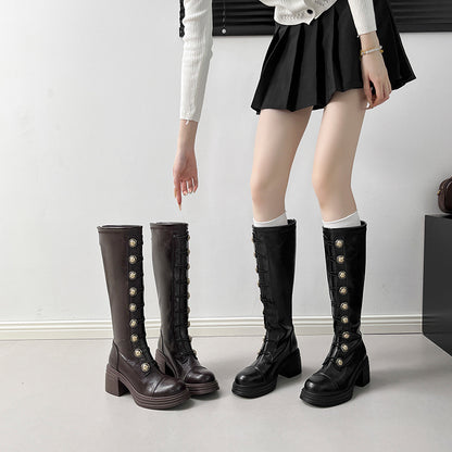 Vintage Button-Front Chunky Faux Leather Tall Boots