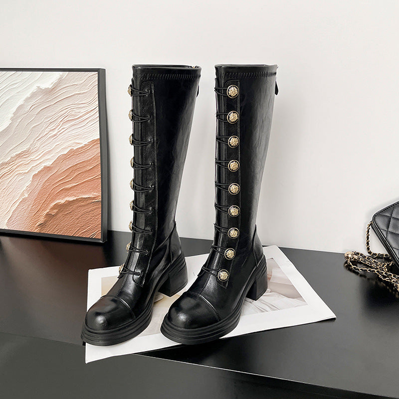 Vintage Button-Front Chunky Faux Leather Tall Boots