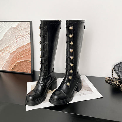 Vintage Button-Front Chunky Faux Leather Tall Boots