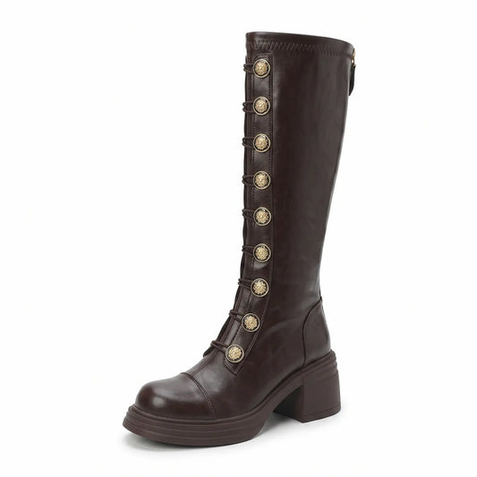 Vintage Button-Front Chunky Faux Leather Tall Boots