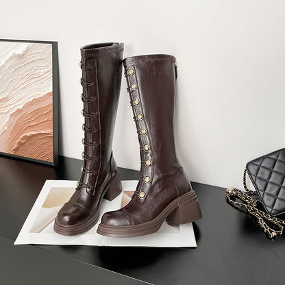 Vintage Button-Front Chunky Faux Leather Tall Boots