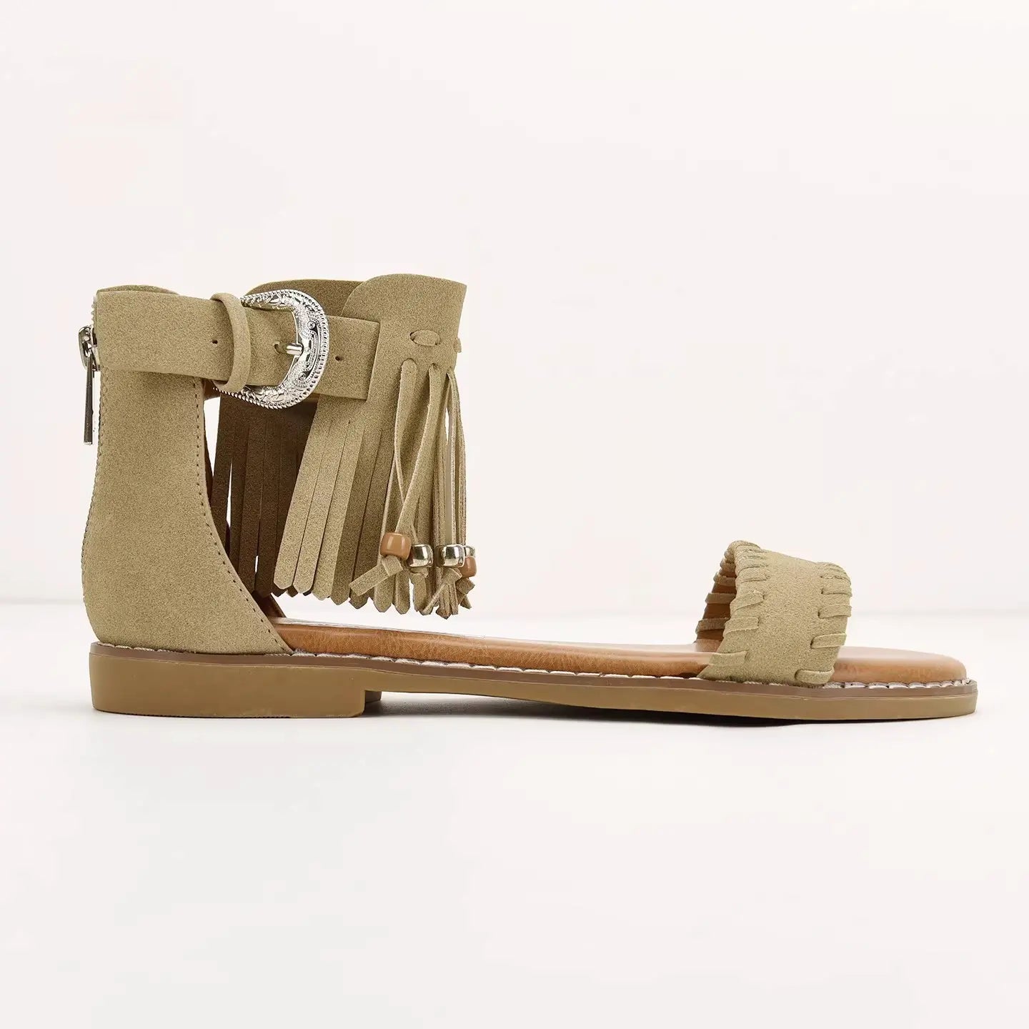 Boho Western Vegan Leather Beaded Fringe Flat Sandals