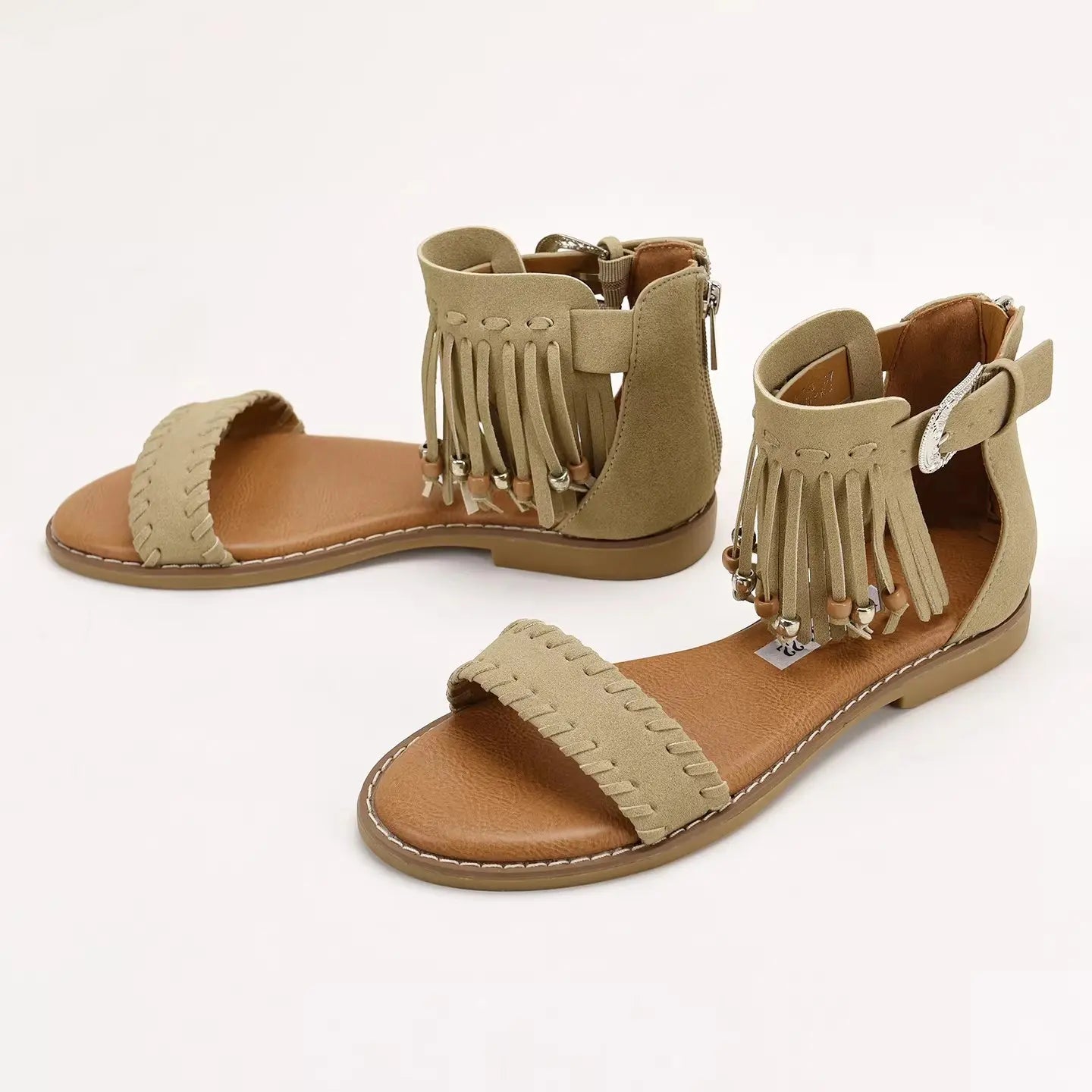 Boho Western Vegan Leather Beaded Fringe Flat Sandals
