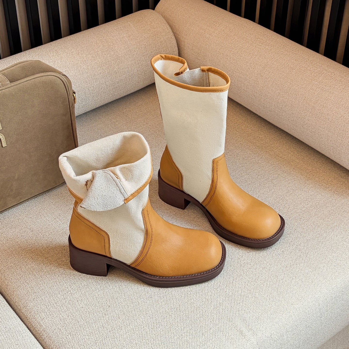Two-Tone Canvas Spliced Buckle Mid-Calf Chunky Boots