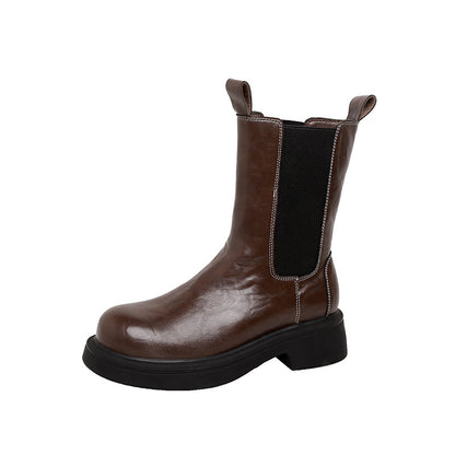 Genuine Leather Mid-Calf Chunky Chelsea Boots