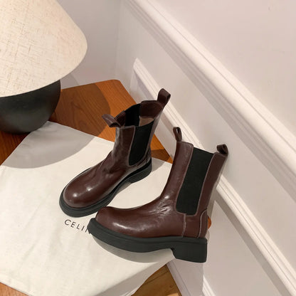 Genuine Leather Mid-Calf Chunky Chelsea Boots