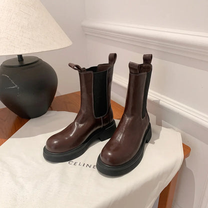 Genuine Leather Mid-Calf Chunky Chelsea Boots