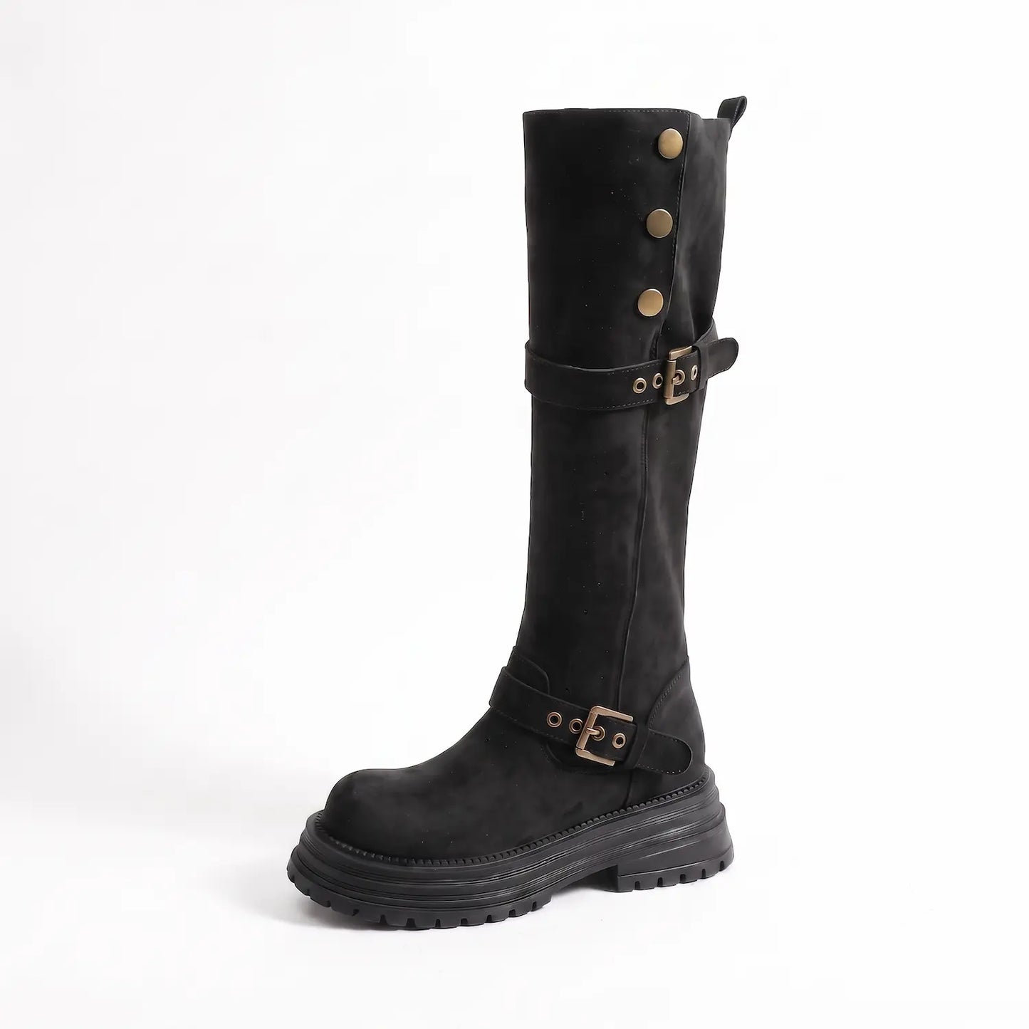 Retro Moto Faux Suede Chunky Mid-Calf Buckle Boots