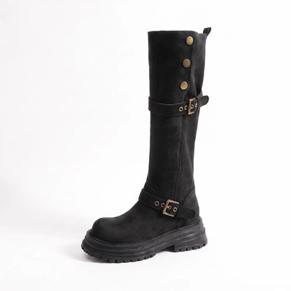 Retro Moto Faux Suede Chunky Mid-Calf Buckle Boots