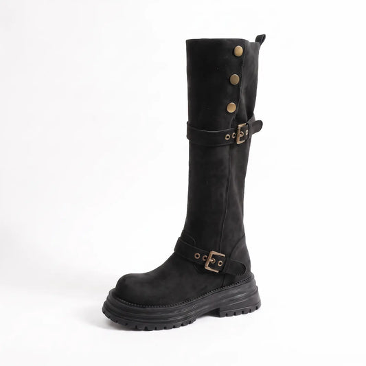 Retro Moto Faux Suede Chunky Mid-Calf Buckle Boots
