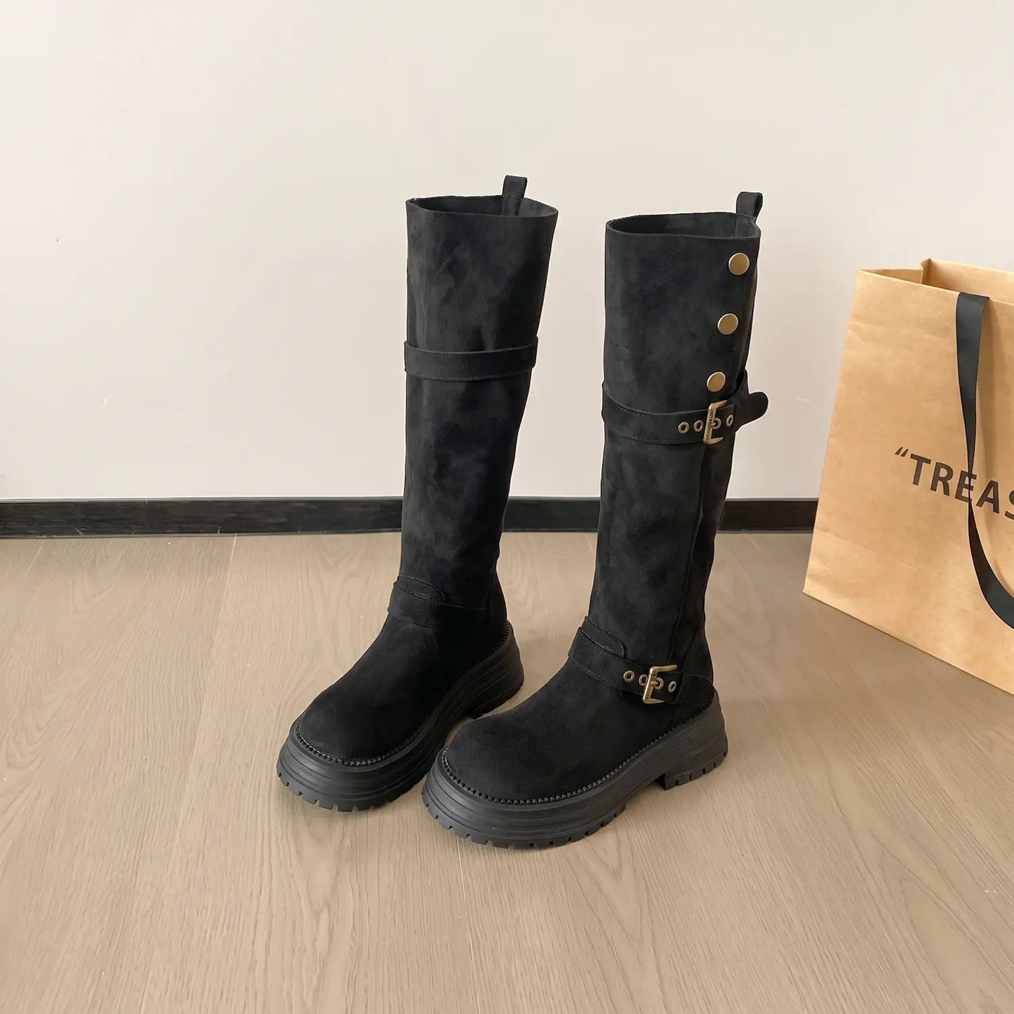 Retro Moto Faux Suede Chunky Mid-Calf Buckle Boots