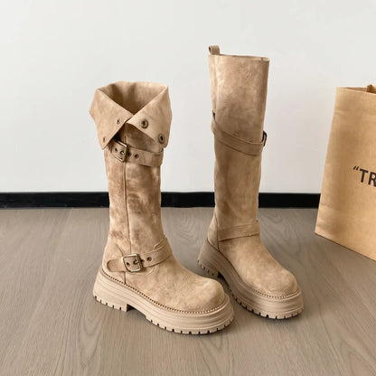 Retro Moto Faux Suede Chunky Mid-Calf Buckle Boots