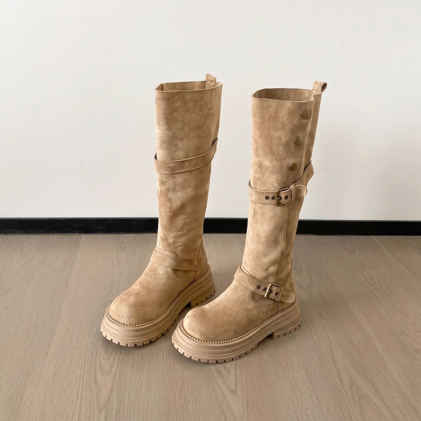 Retro Moto Faux Suede Chunky Mid-Calf Buckle Boots